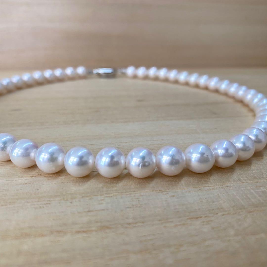 Akoya pearl necklace with 49 iridescent pearls sized 8.0-8.5mm and silver one-touch clasp on white background