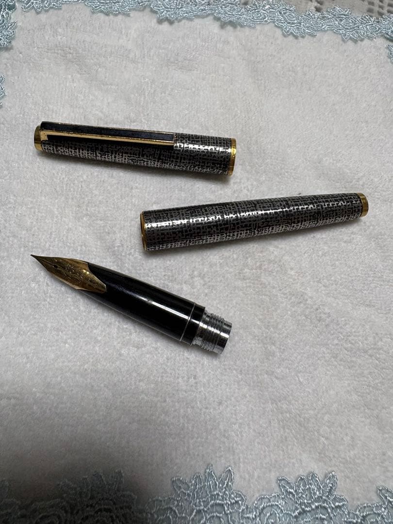 Used Pilot fountain pen with gold trim and geometric pattern, 18 karat nib, showing scratches and name engraving