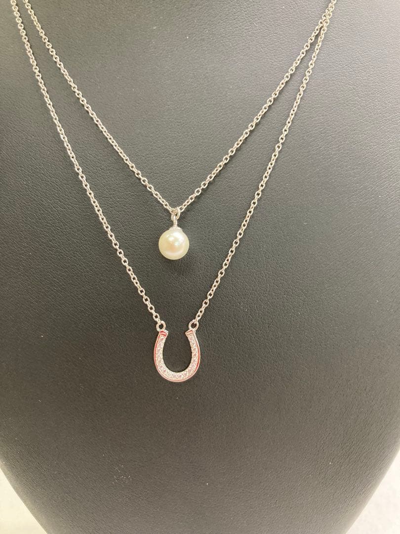 Silver 925 double chain necklace with a 6mm round white yellow tone Akoya pearl pendant