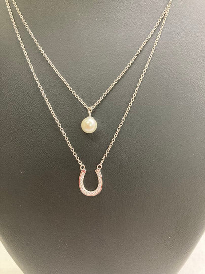 Silver 925 double chain necklace with a 6mm round white yellow tone Akoya pearl pendant