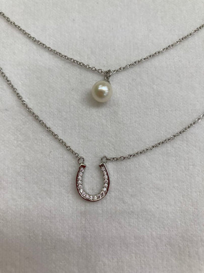 Silver 925 double chain necklace with a 6mm round white yellow tone Akoya pearl pendant