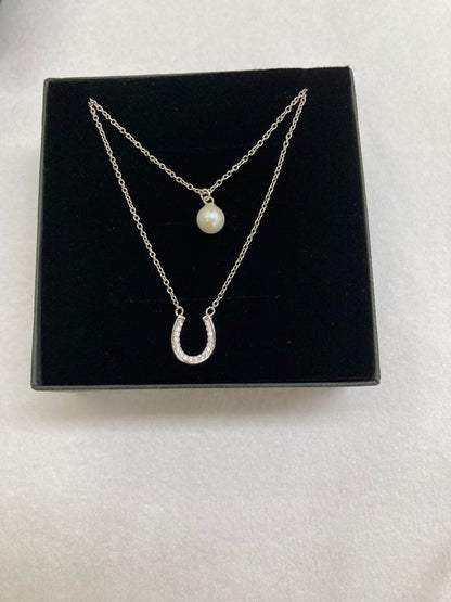 Silver 925 double chain necklace with a 6mm round white yellow tone Akoya pearl pendant