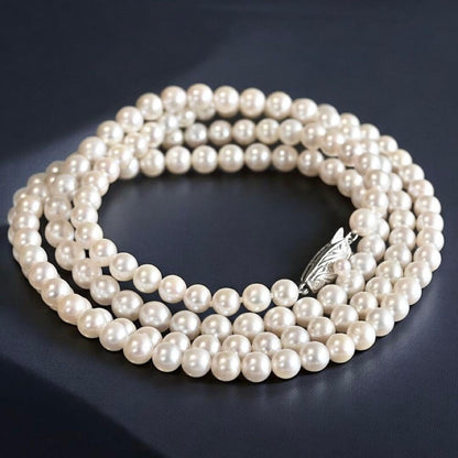 Takatsuki Maki Pearls Long Akoya Necklace with round 6.3-5.8mm pearls and silver clasp on 92cm chain