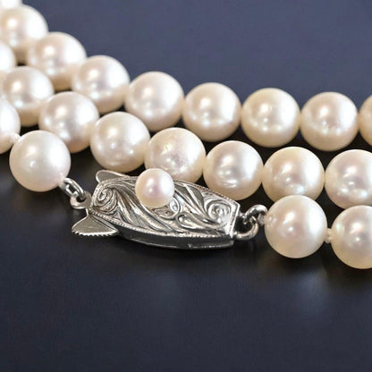 Takatsuki Maki Pearls Long Akoya Necklace with round 6.3-5.8mm pearls and silver clasp on 92cm chain