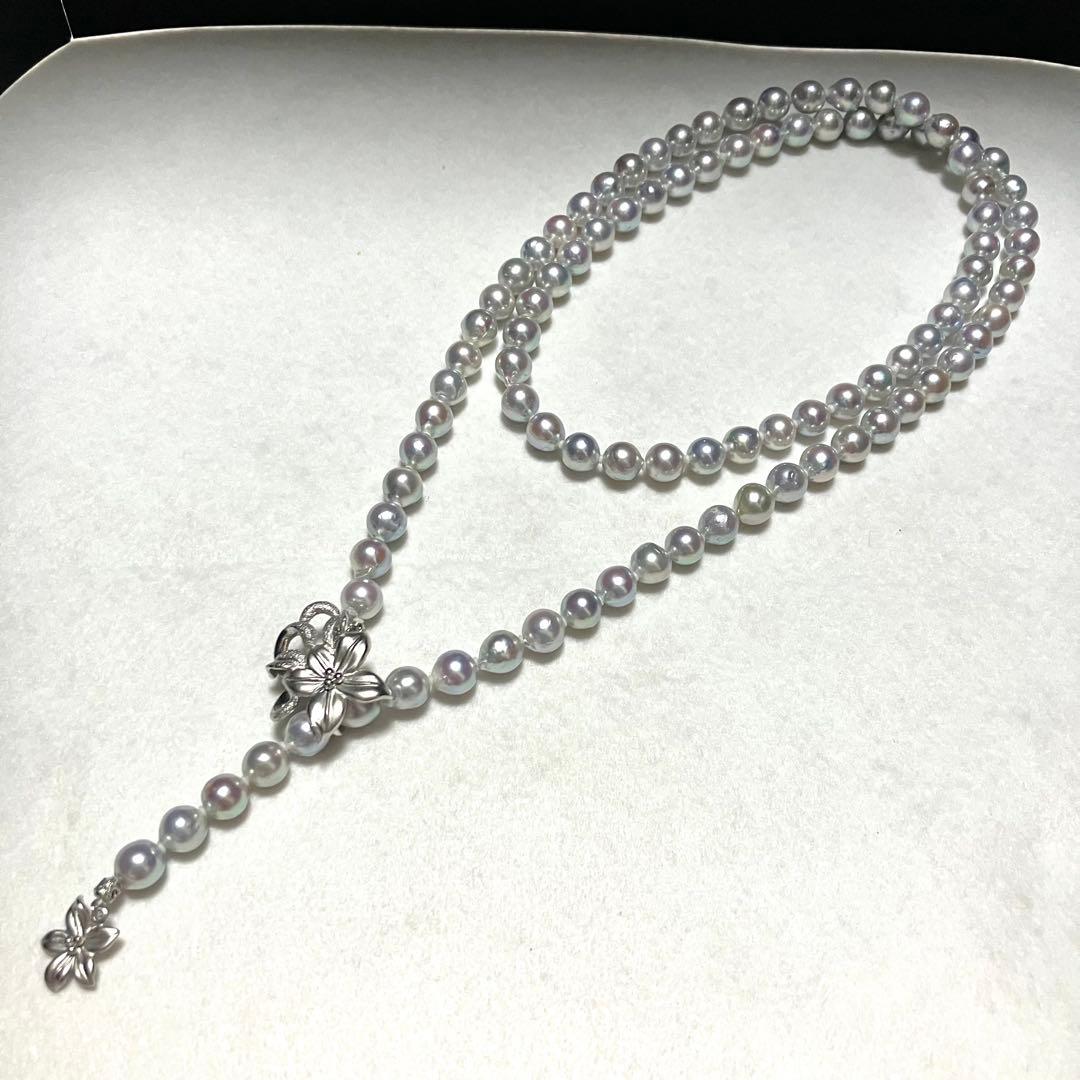 Akoya pearl long necklace with double strand of blue gray 8.0mm pearls and silver flower clicker clasp