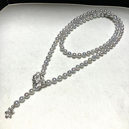 Akoya pearl long necklace with double strand of blue gray 8.0mm pearls and silver flower clicker clasp