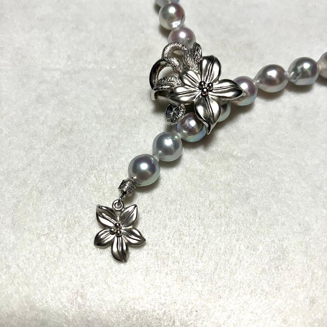 Akoya pearl long necklace with double strand of blue gray 8.0mm pearls and silver flower clicker clasp