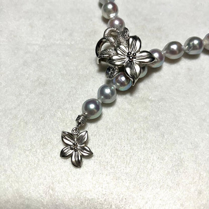 Akoya pearl long necklace with double strand of blue gray 8.0mm pearls and silver flower clicker clasp