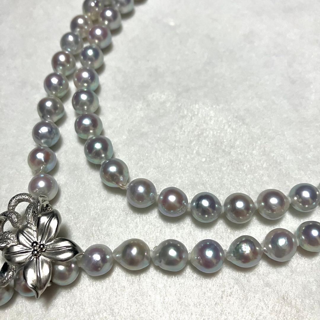 Akoya pearl long necklace with double strand of blue gray 8.0mm pearls and silver flower clicker clasp