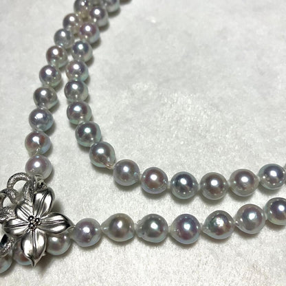 Akoya pearl long necklace with double strand of blue gray 8.0mm pearls and silver flower clicker clasp