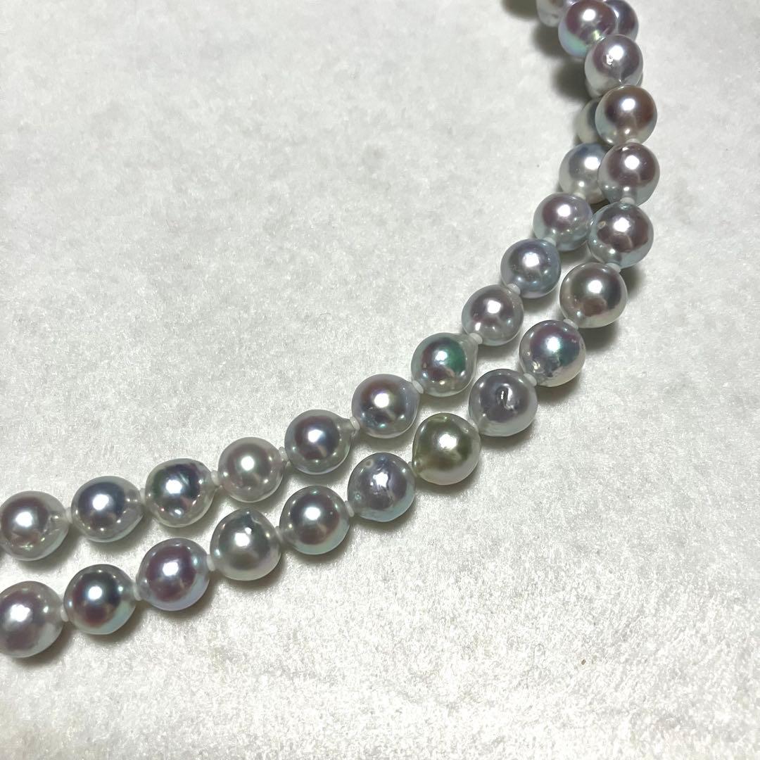 Akoya pearl long necklace with double strand of blue gray 8.0mm pearls and silver flower clicker clasp