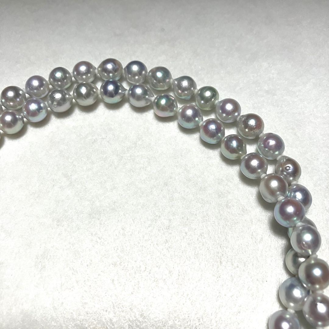 Akoya pearl long necklace with double strand of blue gray 8.0mm pearls and silver flower clicker clasp