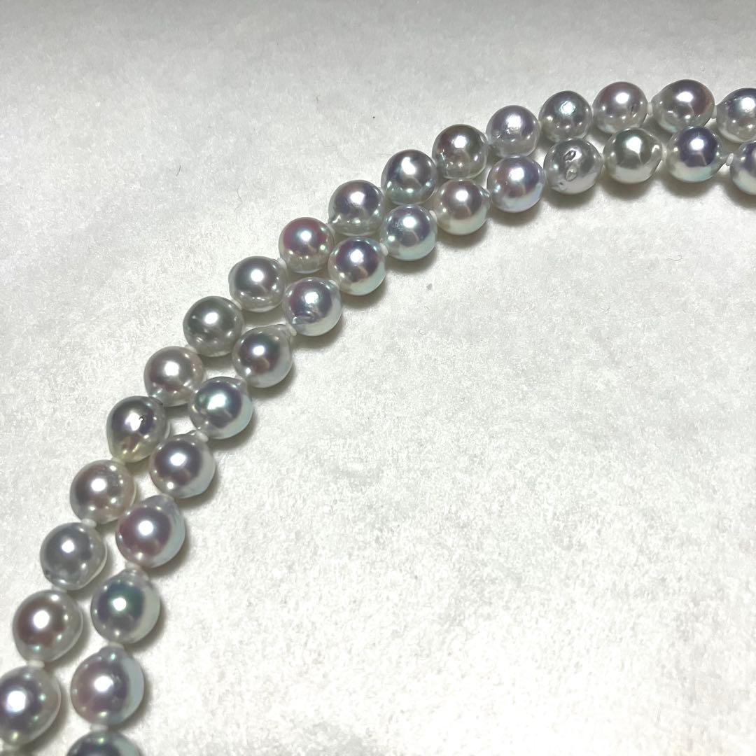 Akoya pearl long necklace with double strand of blue gray 8.0mm pearls and silver flower clicker clasp