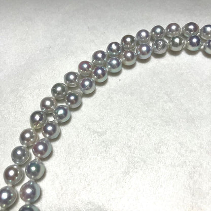 Akoya pearl long necklace with double strand of blue gray 8.0mm pearls and silver flower clicker clasp