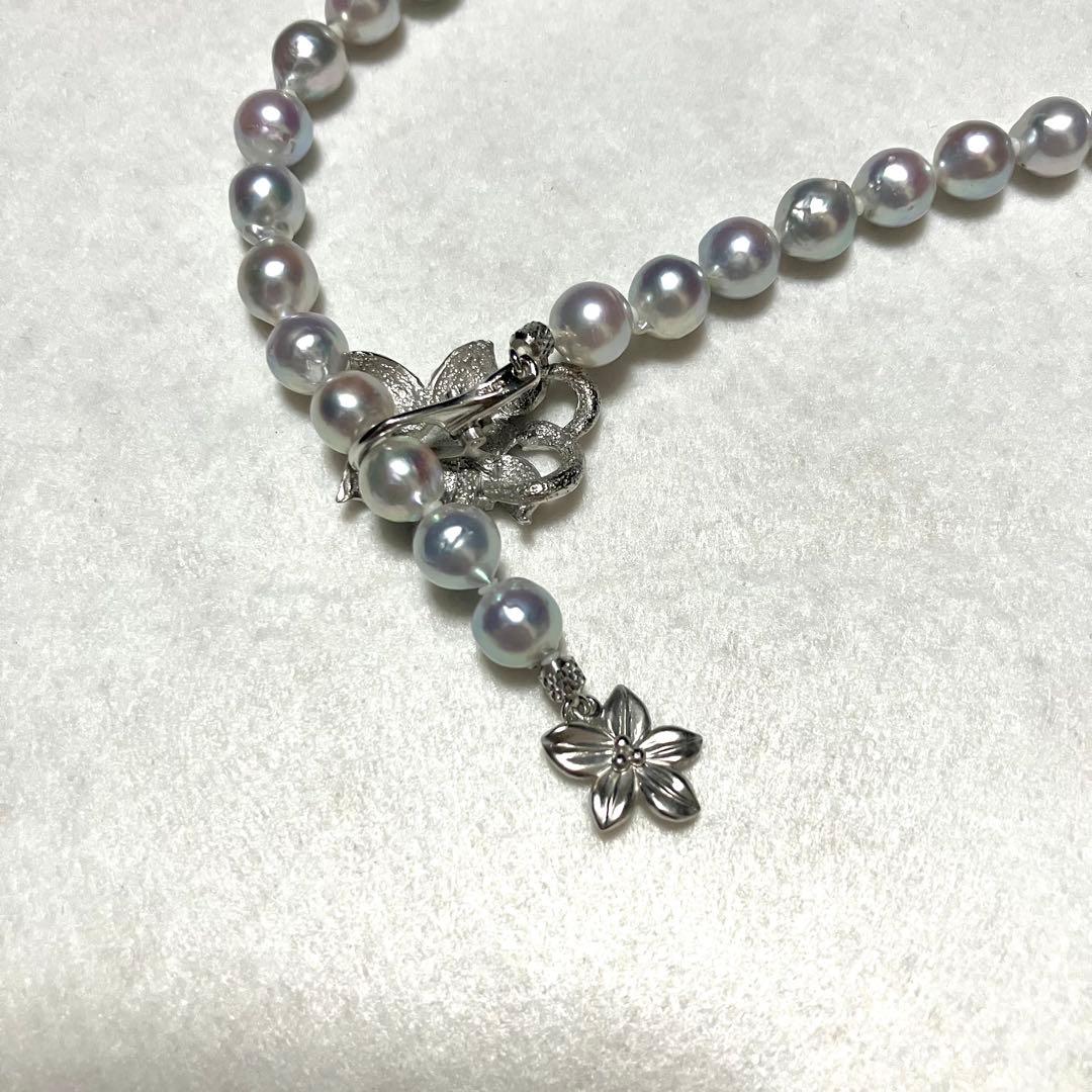 Akoya pearl long necklace with double strand of blue gray 8.0mm pearls and silver flower clicker clasp