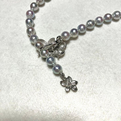 Akoya pearl long necklace with double strand of blue gray 8.0mm pearls and silver flower clicker clasp