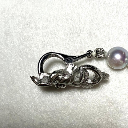 Akoya pearl long necklace with double strand of blue gray 8.0mm pearls and silver flower clicker clasp