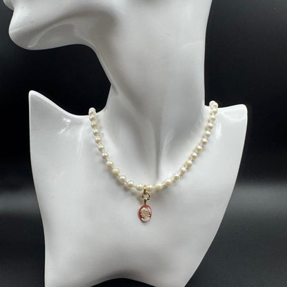 Mitsukoshi Akoya 5mm small round pearl necklace with silver fittings and removable mini cameo charm