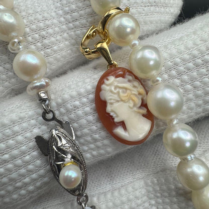 Mitsukoshi Akoya 5mm small round pearl necklace with silver fittings and removable mini cameo charm