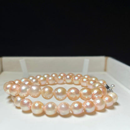 Akoya pearl necklace with large 8.0-9.0mm white semi-round pearls on silver chain 42.5 cm length