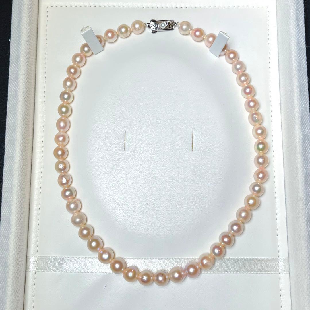 Akoya pearl necklace with large 8.0-9.0mm white semi-round pearls on silver chain 42.5 cm length