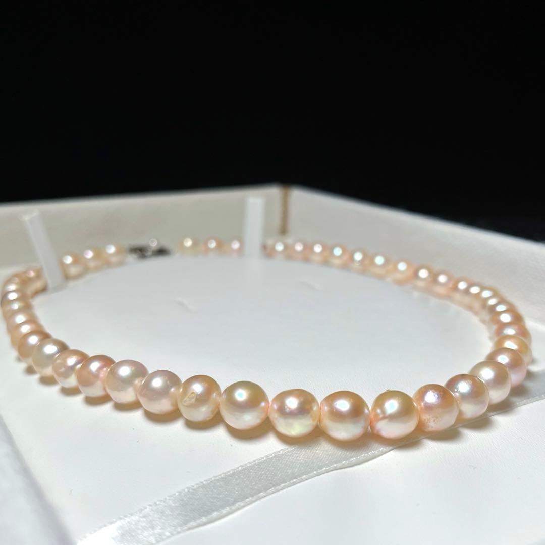 Akoya pearl necklace with large 8.0-9.0mm white semi-round pearls on silver chain 42.5 cm length