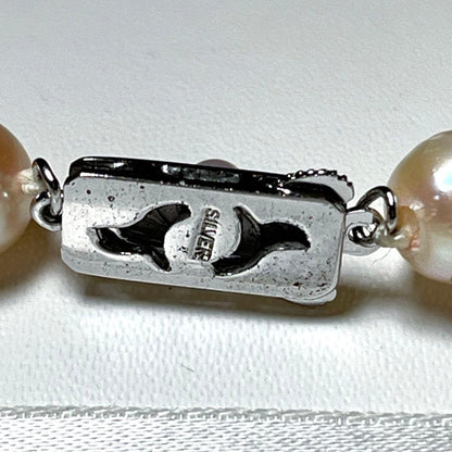 Akoya pearl necklace with large 8.0-9.0mm white semi-round pearls on silver chain 42.5 cm length