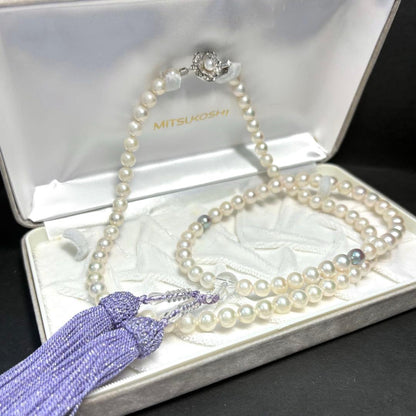 Iridescent Akoya pearl funeral set with two-piece necklace and bunch of prayer beads featuring silver clasp
