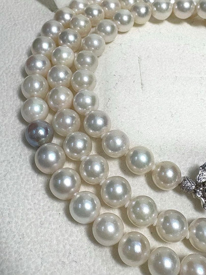 Iridescent Akoya pearl funeral set with two-piece necklace and bunch of prayer beads featuring silver clasp