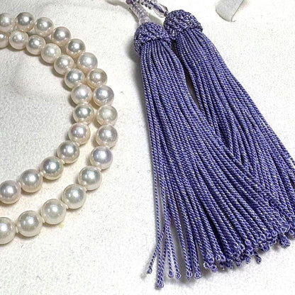Iridescent Akoya pearl funeral set with two-piece necklace and bunch of prayer beads featuring silver clasp