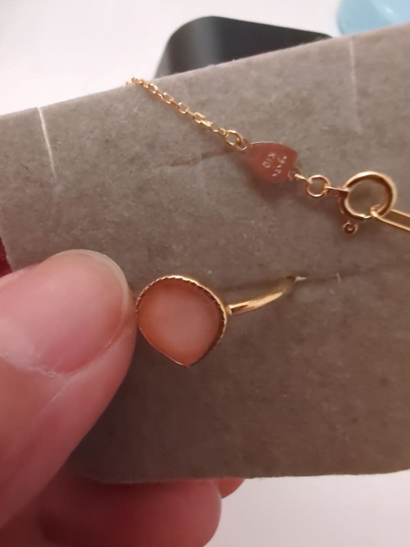 Agete gold necklace and ring set with coral and rutile quartz, ring size 11, new unused condition