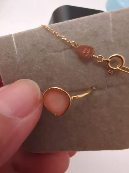 Agete gold necklace and ring set with coral and rutile quartz, ring size 11, new unused condition