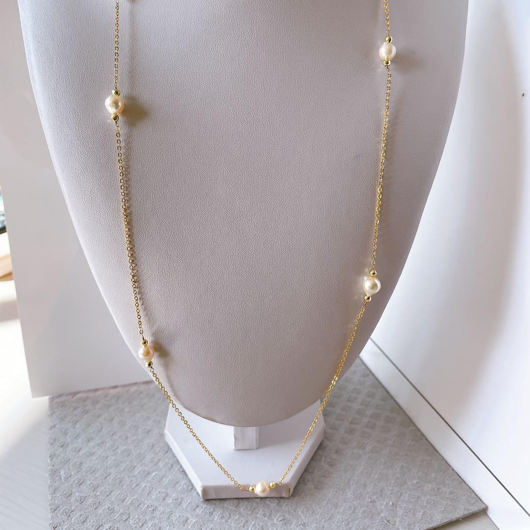 Akoya pearl baroque long Y-shaped necklace with 7mm pearls and gold granules on a 75cm chain