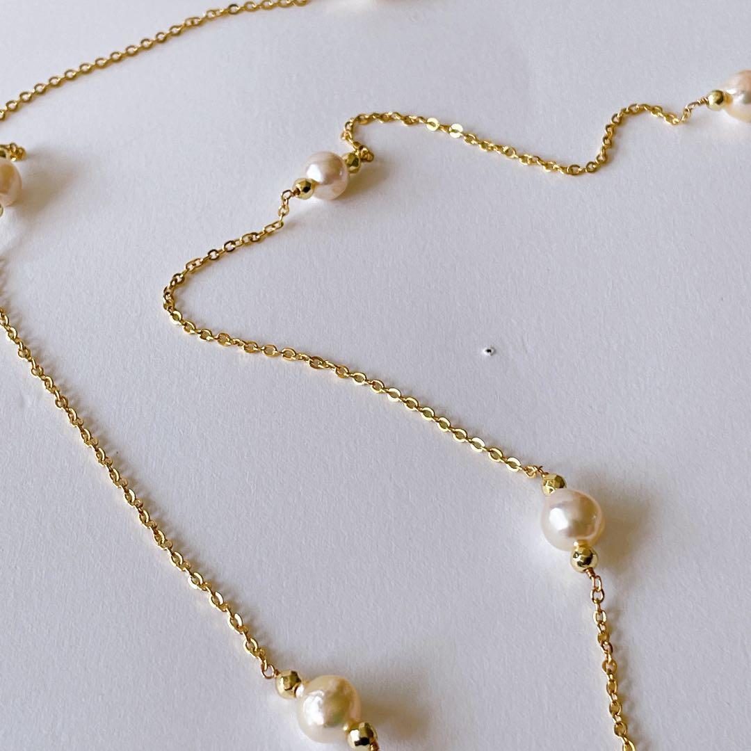 Akoya pearl baroque long Y-shaped necklace with 7mm pearls and gold granules on a 75cm chain