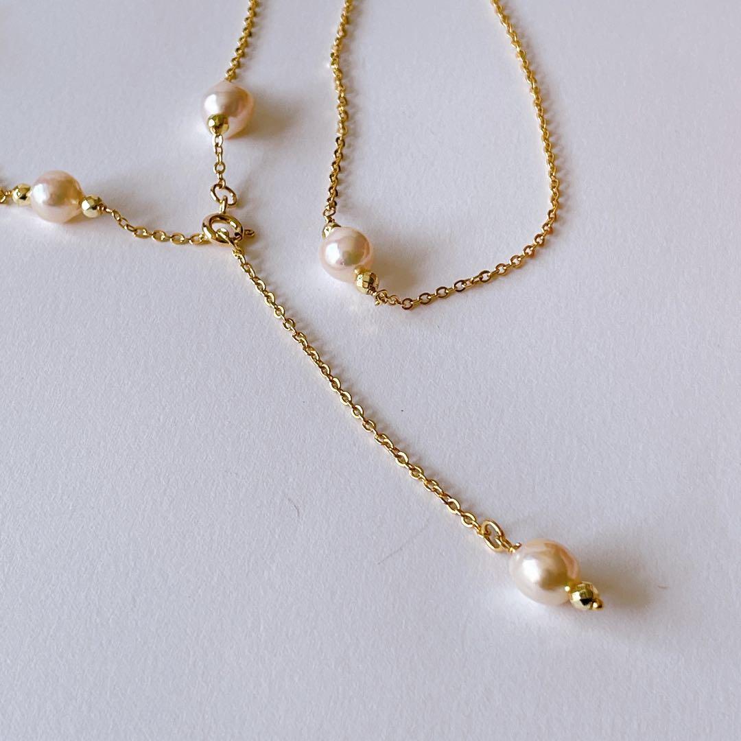 Akoya pearl baroque long Y-shaped necklace with 7mm pearls and gold granules on a 75cm chain