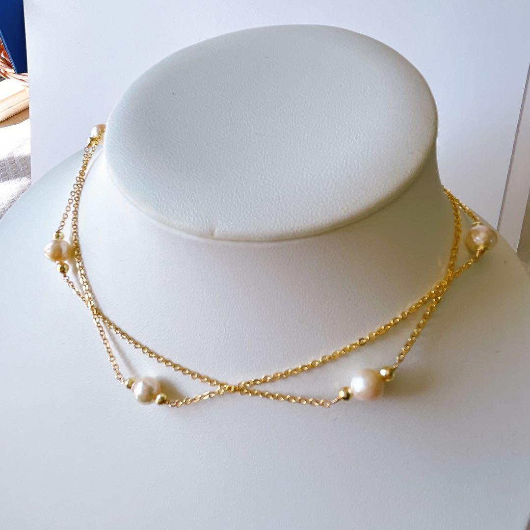 Akoya pearl baroque long Y-shaped necklace with 7mm pearls and gold granules on a 75cm chain