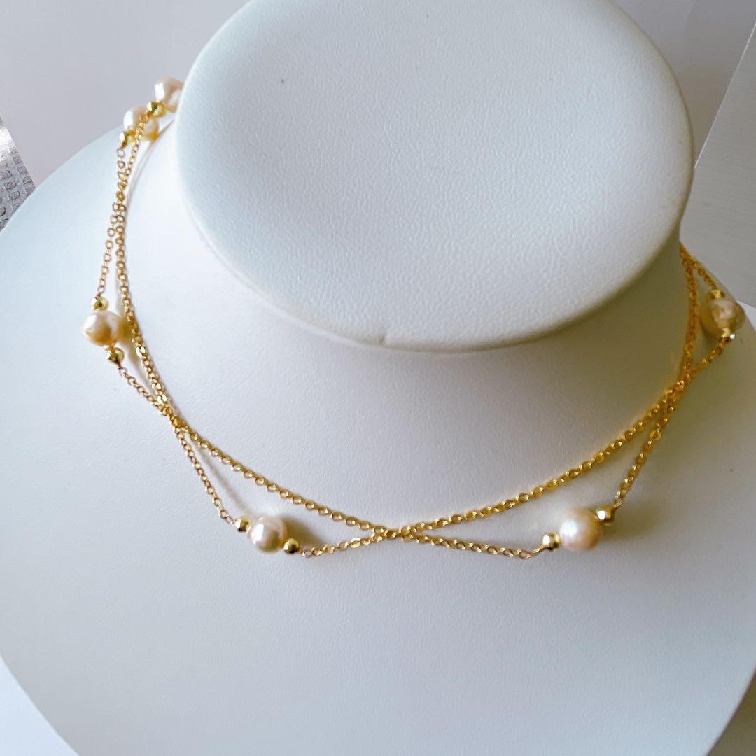 Akoya pearl baroque long Y-shaped necklace with 7mm pearls and gold granules on a 75cm chain