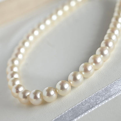 Premium Mikimoto Akoya pearl necklace with 6.3-6.7 mm round pearls and flower pearl grade in 42.5 cm length