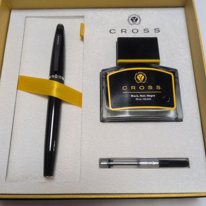 Cross Bailey black fountain pen gift set including pen, ink bottle with 62.5ml capacity, and paper bag