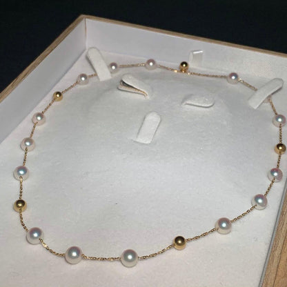 K18 Akoya Pearl Station Necklace featuring 7.0-7.5mm pearls on a 43 cm gold chain