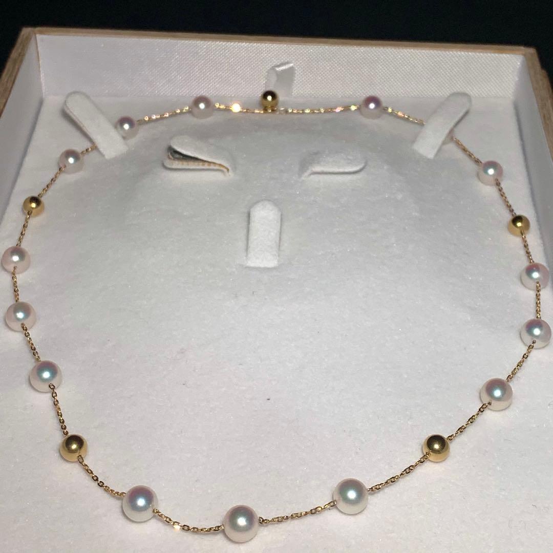 K18 Akoya Pearl Station Necklace featuring 7.0-7.5mm pearls on a 43 cm gold chain