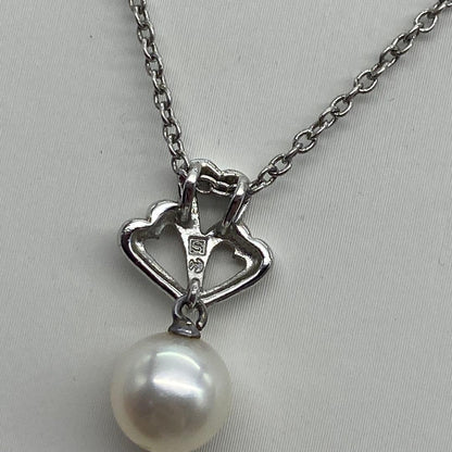 Silver 925 Takashi pearl necklace with double heart motif and adjustable hook clasp