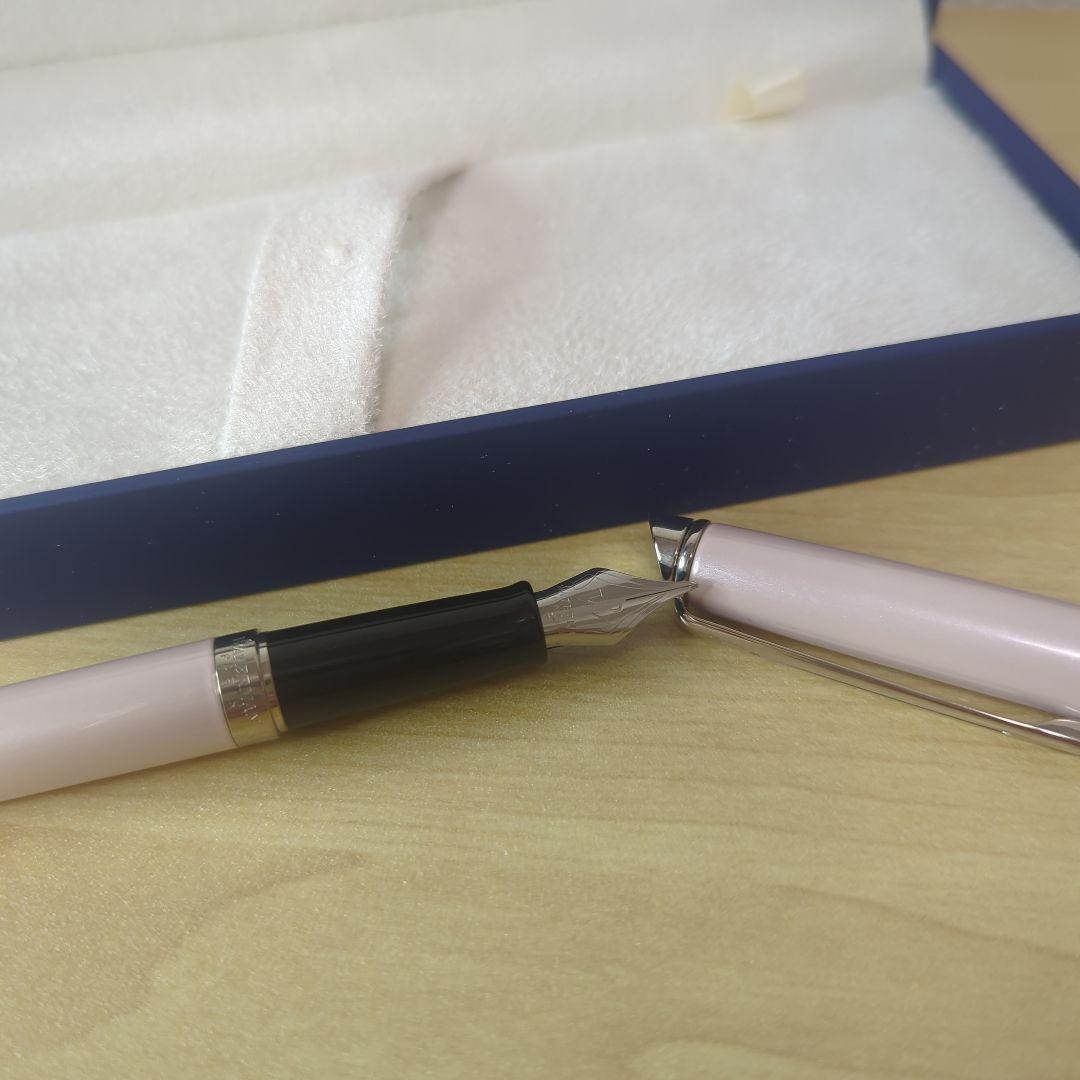 Pink WATERMAN Metropolitan series fountain pen with its storage case on a white background