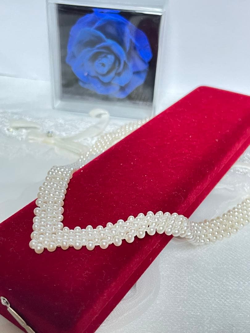 High-quality Aurora colored 5-row V-shaped Akoya pearl necklace with semi-round 3mm pearls and silver floral clasp