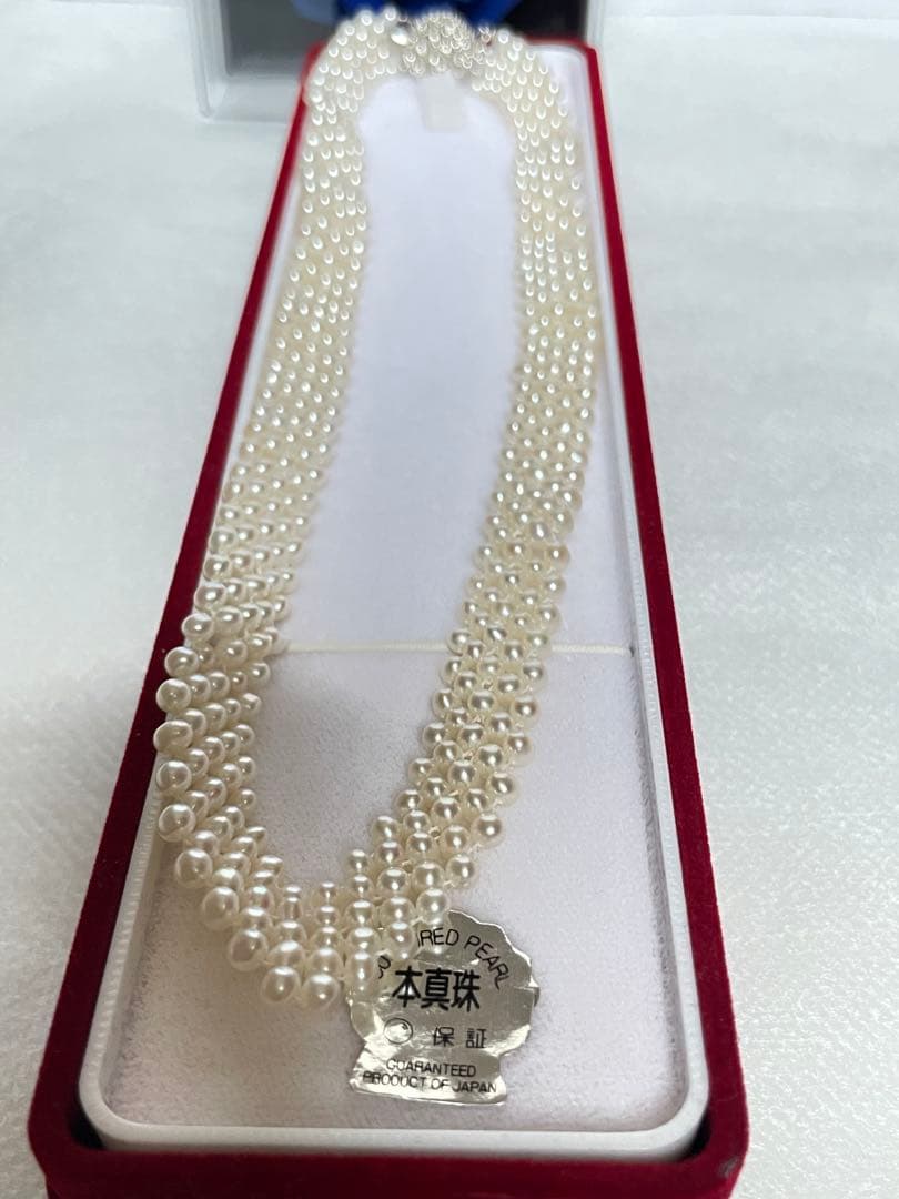 High-quality Aurora colored 5-row V-shaped Akoya pearl necklace with semi-round 3mm pearls and silver floral clasp