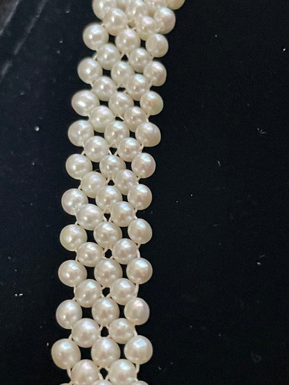 High-quality Aurora colored 5-row V-shaped Akoya pearl necklace with semi-round 3mm pearls and silver floral clasp