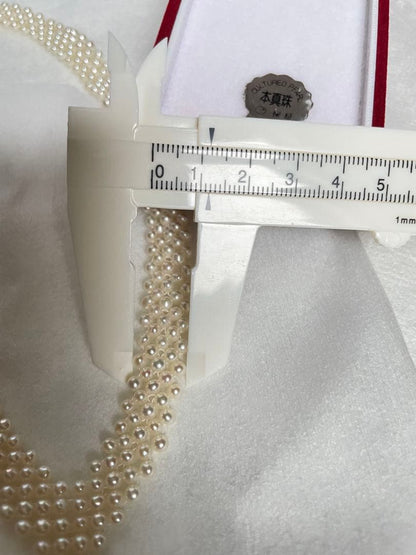 High-quality Aurora colored 5-row V-shaped Akoya pearl necklace with semi-round 3mm pearls and silver floral clasp