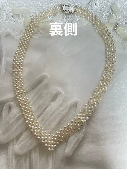 High-quality Aurora colored 5-row V-shaped Akoya pearl necklace with semi-round 3mm pearls and silver floral clasp