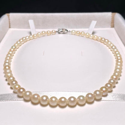 Akoya pearl necklace with 5.8-6.8mm round white pearls on a 16 inch silver chain