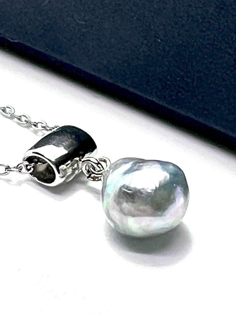 Akoya pearl necklace with natural blue rainbow-colored baroque pearl on stainless steel chain
